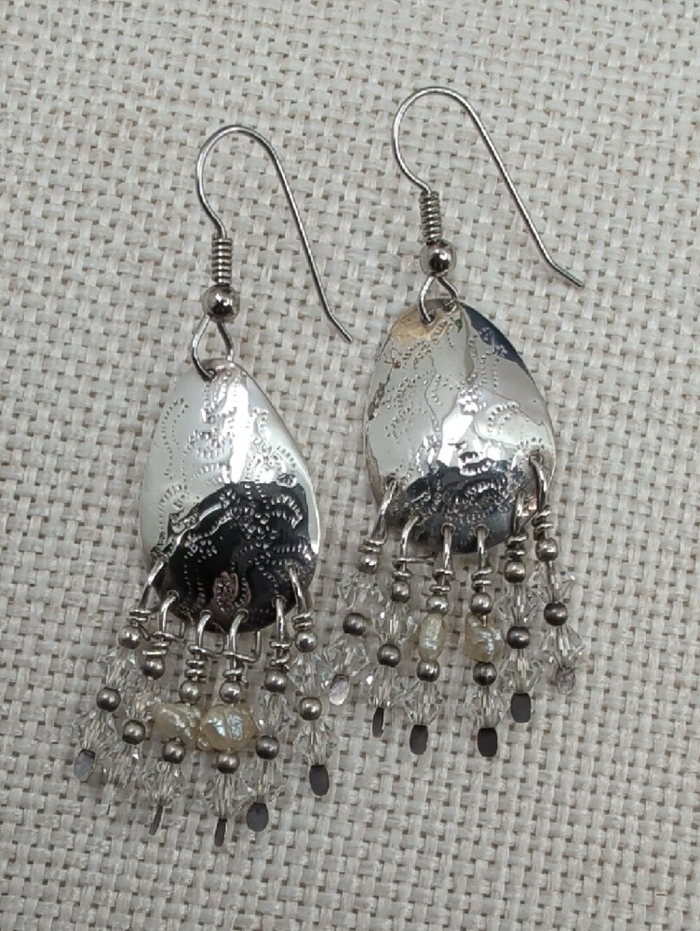 Vintage Artisan Hammered Silver Chandelier Earrings Crystal Bead Fringe 2.5" - Picture 5 of 17